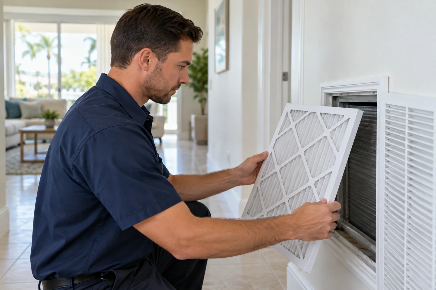 HVAC technician inspecting a residential air filter during a maintenance visit